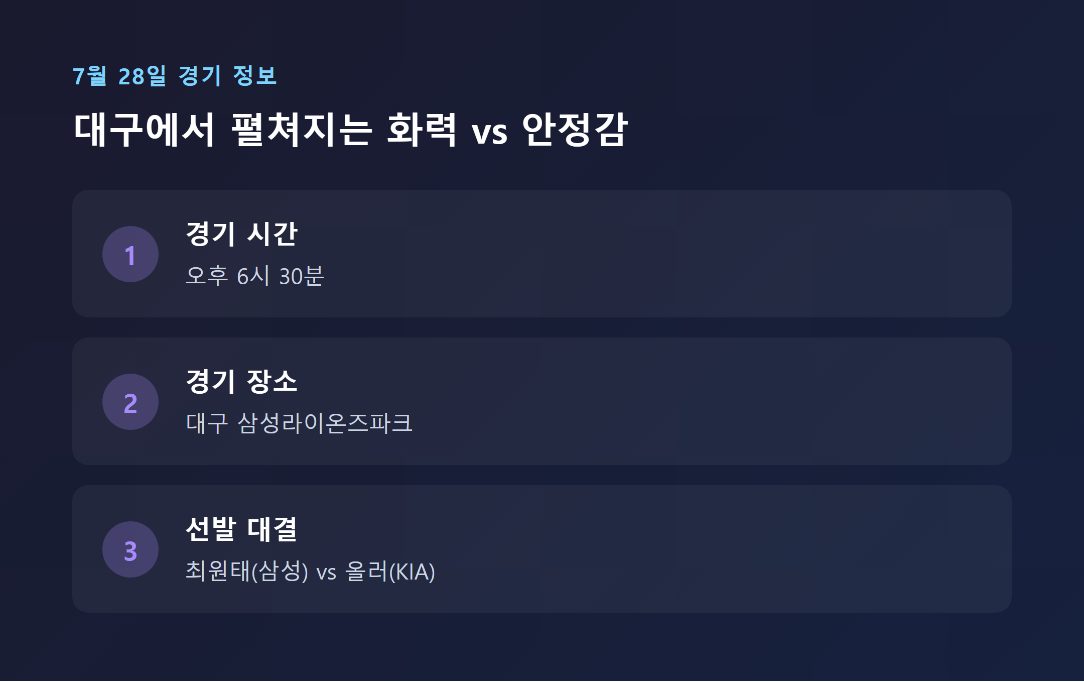7월 28일 KIA vs 삼성 경기 정보 - 선발투수 및 경기 시간